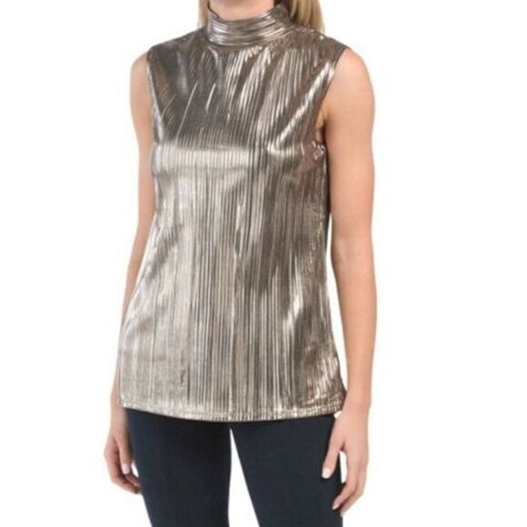 Andrea Jovine Metallic Mock Neck Pleated Sleeveless Top Blouse Size S - Picture 1 of 8